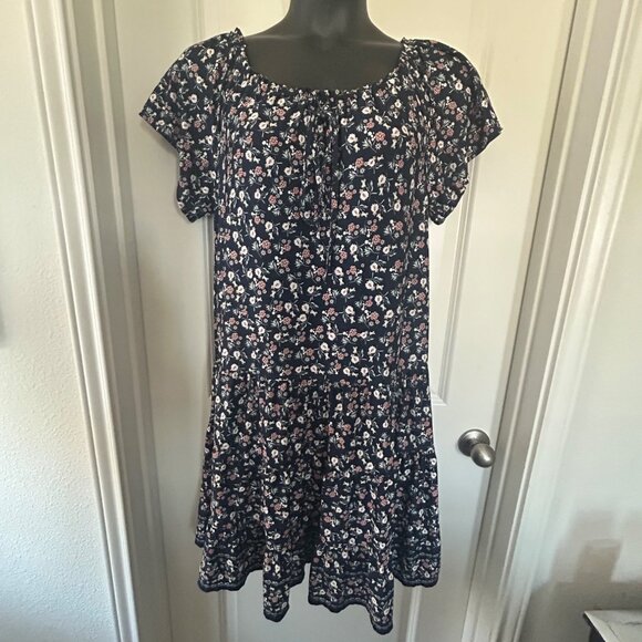 Max Studio Navy Floral Short Sleeve Ruffle Hem Dress XL 94% Polyester 6% Spandex - Picture 2 of 8